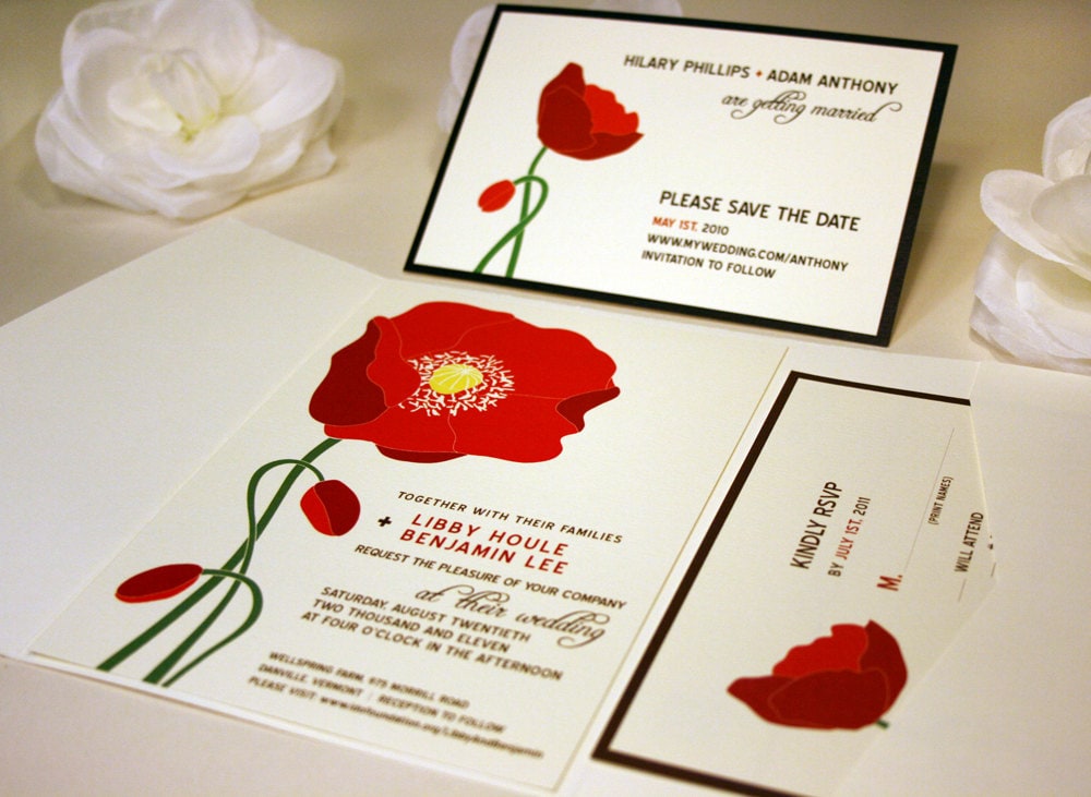 Red Poppy Wedding Invitation Suite, Floral Set, Orange Flower, California Invitations