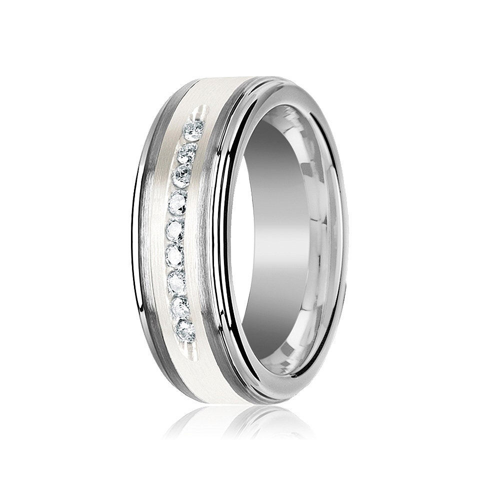 White Diamond Wedding Band Tungsten Ring Silver Inlay Center 9 Channel Set Diamonds