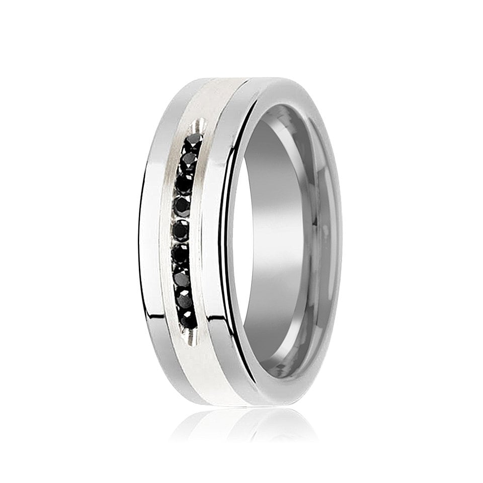 Black Diamond Wedding Band Tungsten Ring Silver Inlay Center 9 Channel Set Diamonds