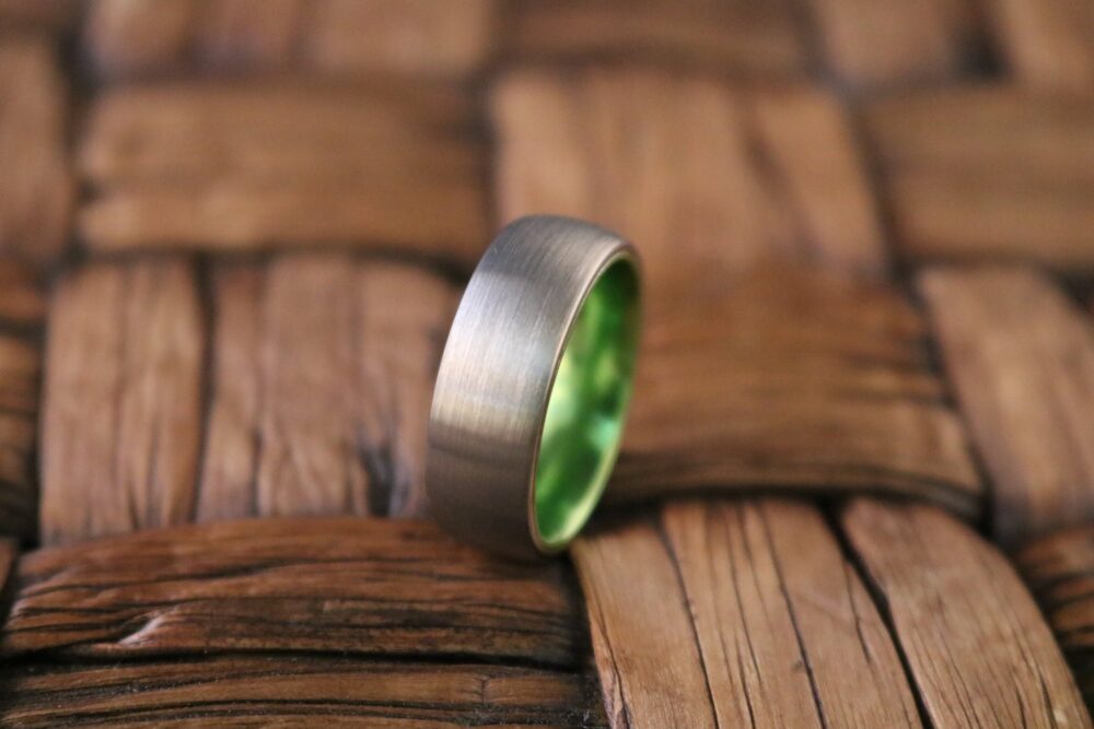 Tungsten Ring Green Wedding Band Silver Brushed Acid Mans