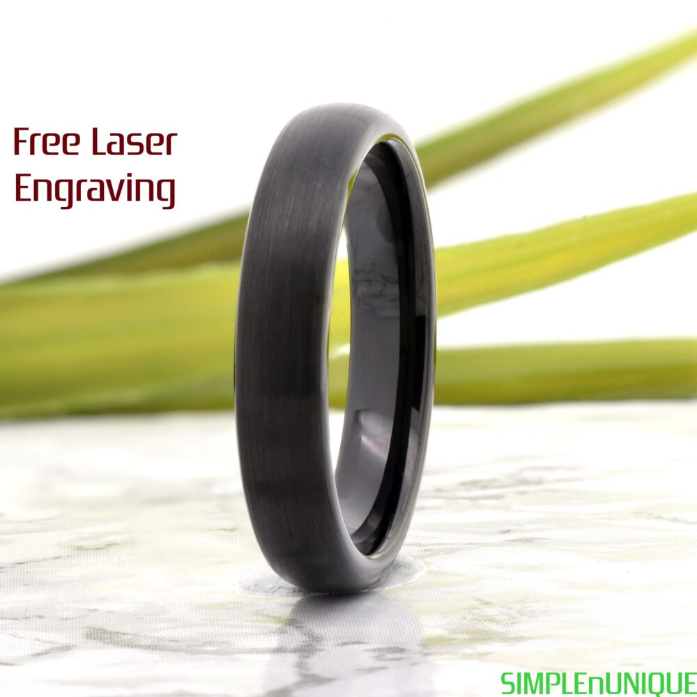 Tungsten Ring, Black Wedding Band, 4mm Brushed, Dome Engagement Ring