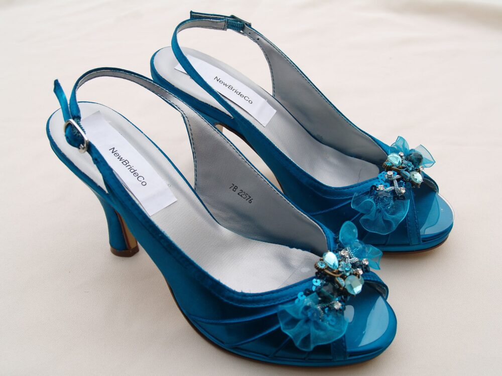 Size 7 Teal Shoes Wedding, Peacock Comfortable Satin Heels, Hand Embellished Organza Flowers & Beads, Slingback, Open Peep Toe, Ready To Ship