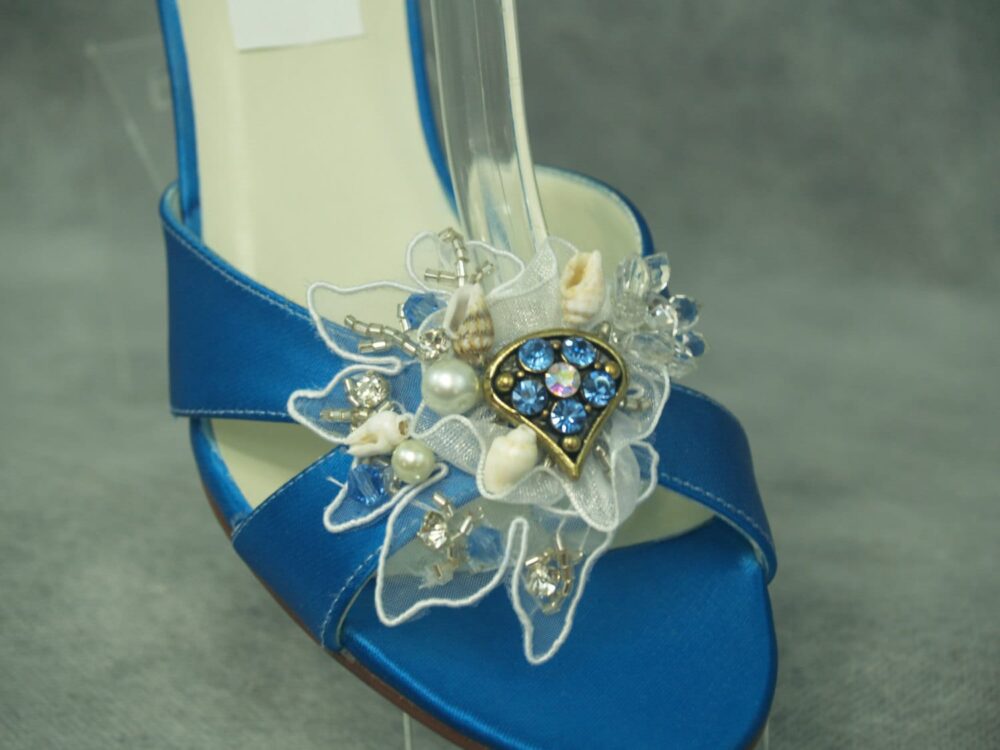 Size 7 Sapphire Blue Shoes 2 1/2 Inches Heel W White Appliqué, Seashells Shoes, Nautical Theme Beach Wedding, Cruise Wear Shoes