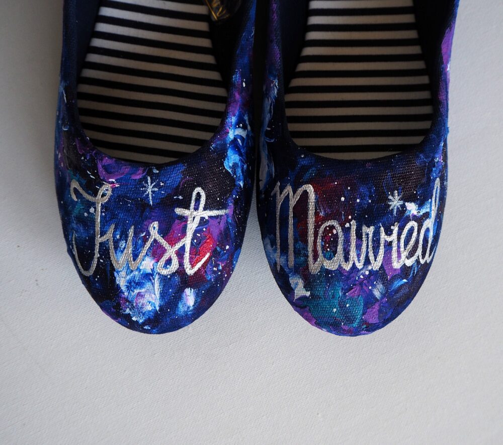 Custom Just Married Galaxy Wedding Shoes Celestial Bride Flats