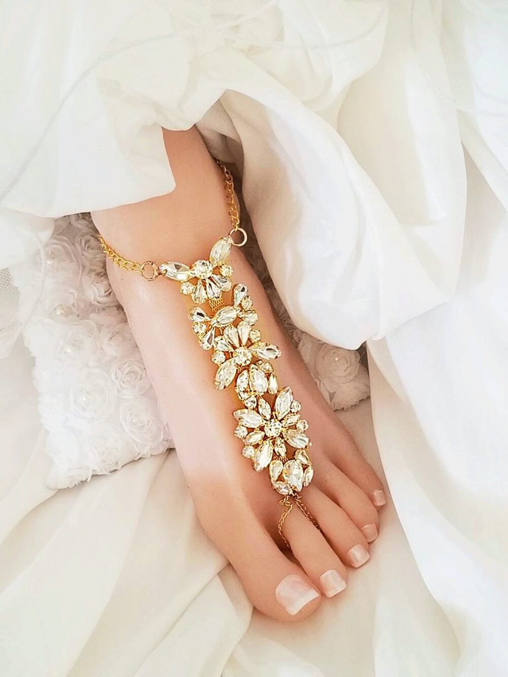 Gold Barefoot Sandals, Wedding Foot Jewelry, Crystal Bridal Jewelry, Rhinestone Jewelry, Footless Sandal, Beach Shoes-Sd061