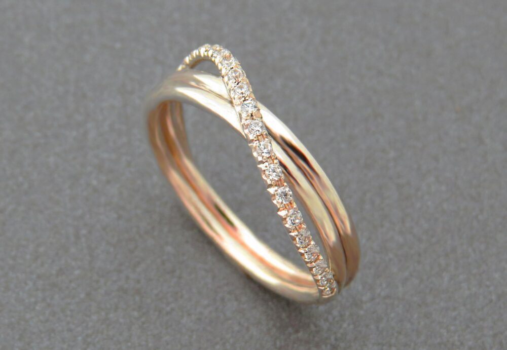 Unique Engagement Ring, Diamond Wedding Infinity Rose Gold Band, Pave 14K Jewelry