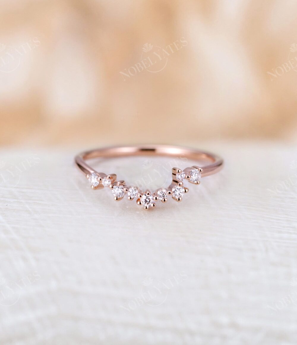 Unique Unsymmetrical Curved Wedding Band, Rose Gold Band Ring, Cluster Diamond Stacking Matching Custom Promise Anniversary Ring