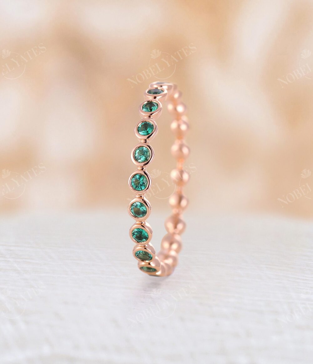 Unique Lab Emerald Wedding Band, Vintage Bezel Rose Gold Band Ring, Full Eternity Stacking Matching Dainty Promise Anniversary Ring