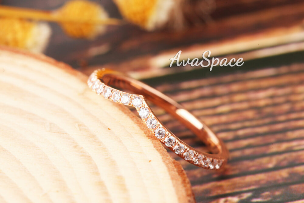 Curved Diamond Wedding Ring 14K Rose Gold Band Rings For Women Dainty Bridal Stacking Unique Promise
