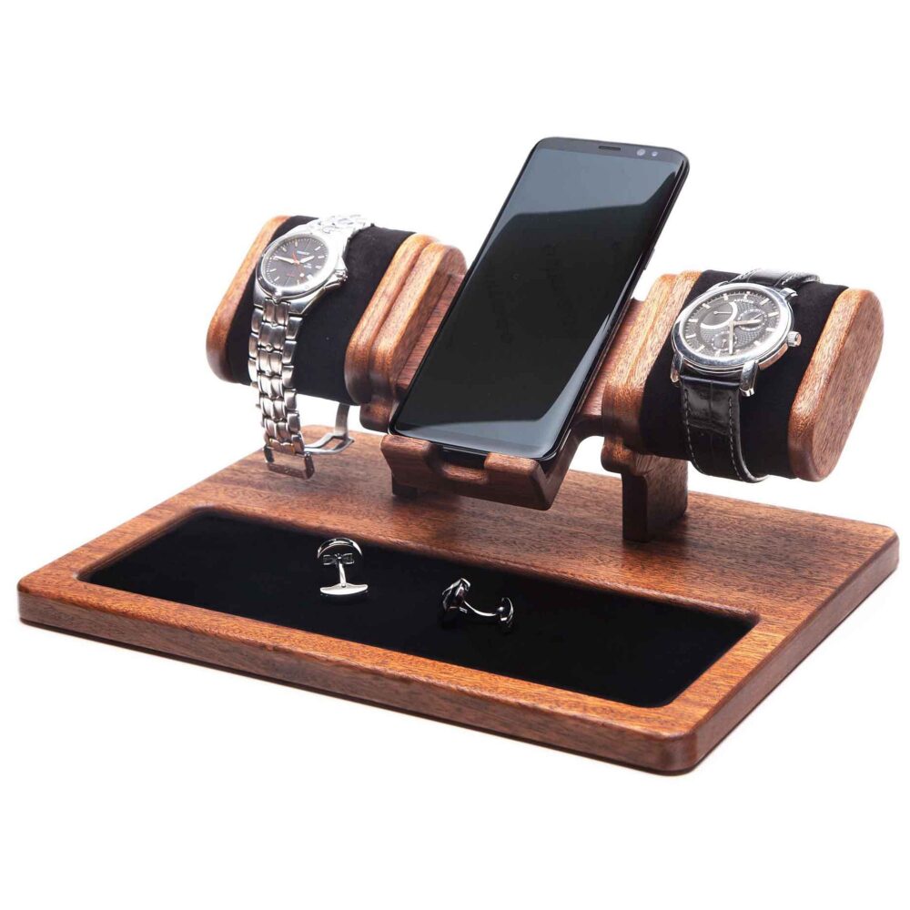 Mahogany Wood Desk Organizer Watches + Phone Jewelry Tray, Mobile Docking Station, Watch Case, Personalized Box Display Holder