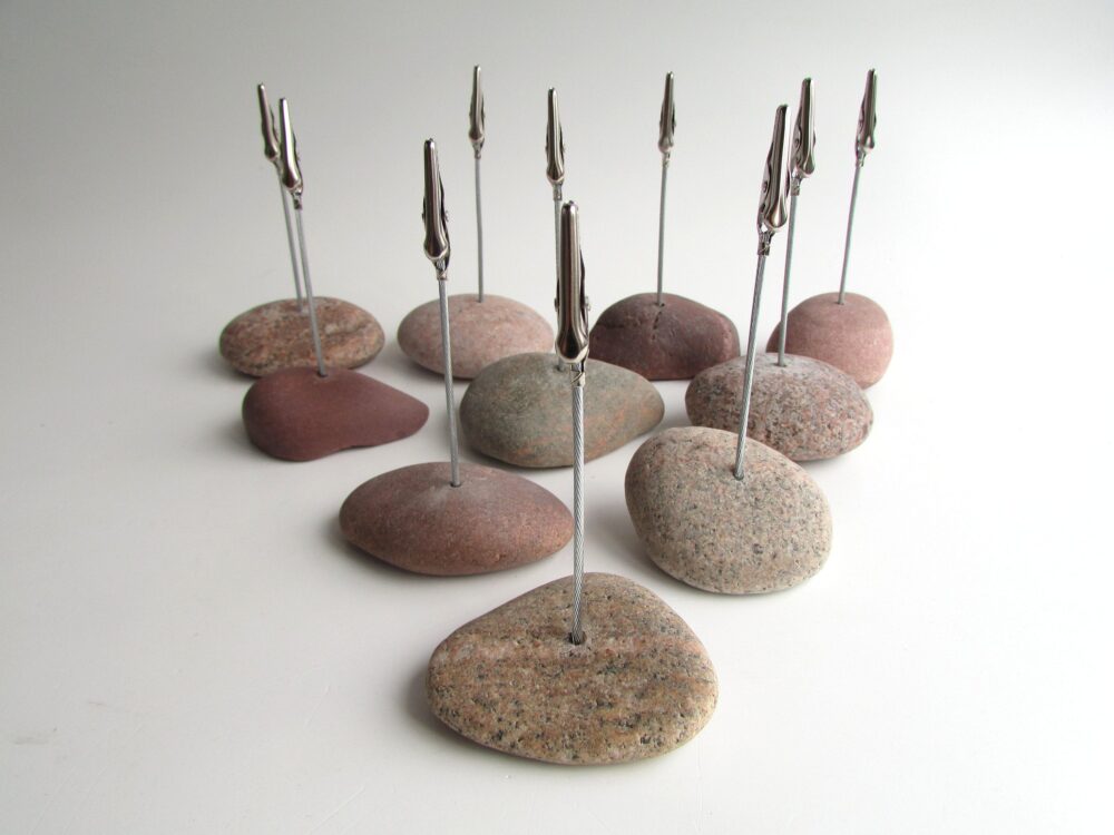 Coastal Wedding Place Card Holders, Set Of 10 Name Stands, Table Decor, Natural Pebble Art, Photo Clip Stand