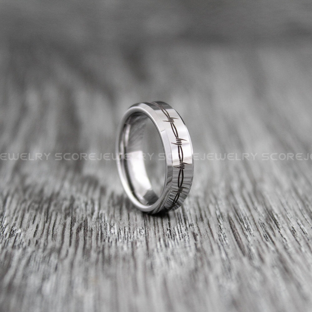 Barbed Wire Ring, Wedding 6mm Silver Tungsten Band, Ring With Beveled Edge Barb Tattoo Pattern