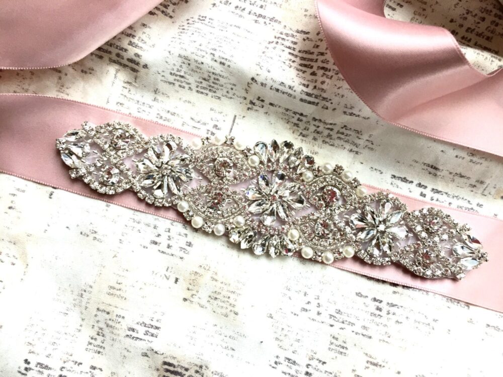 Wedding Sash Belt With Rhinestones, Pearls, Pearl Belt, Beaded Bridal Dusty Rose