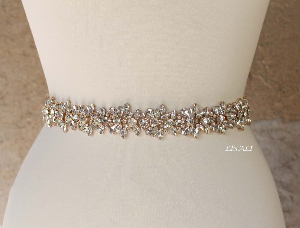 Lisali 10"-42" Sparkly Wedding Belt, Gold Rhinestone Bridal Crystal Sash Dress Belts