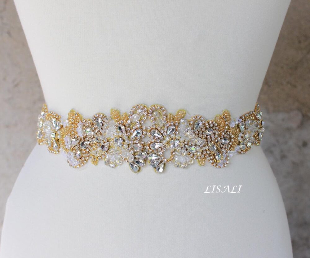 Lisali 21" Sparkly Wedding Belt, Gold Rhinestone Bridal Belts, Chain Crystal Sash Dress Belts