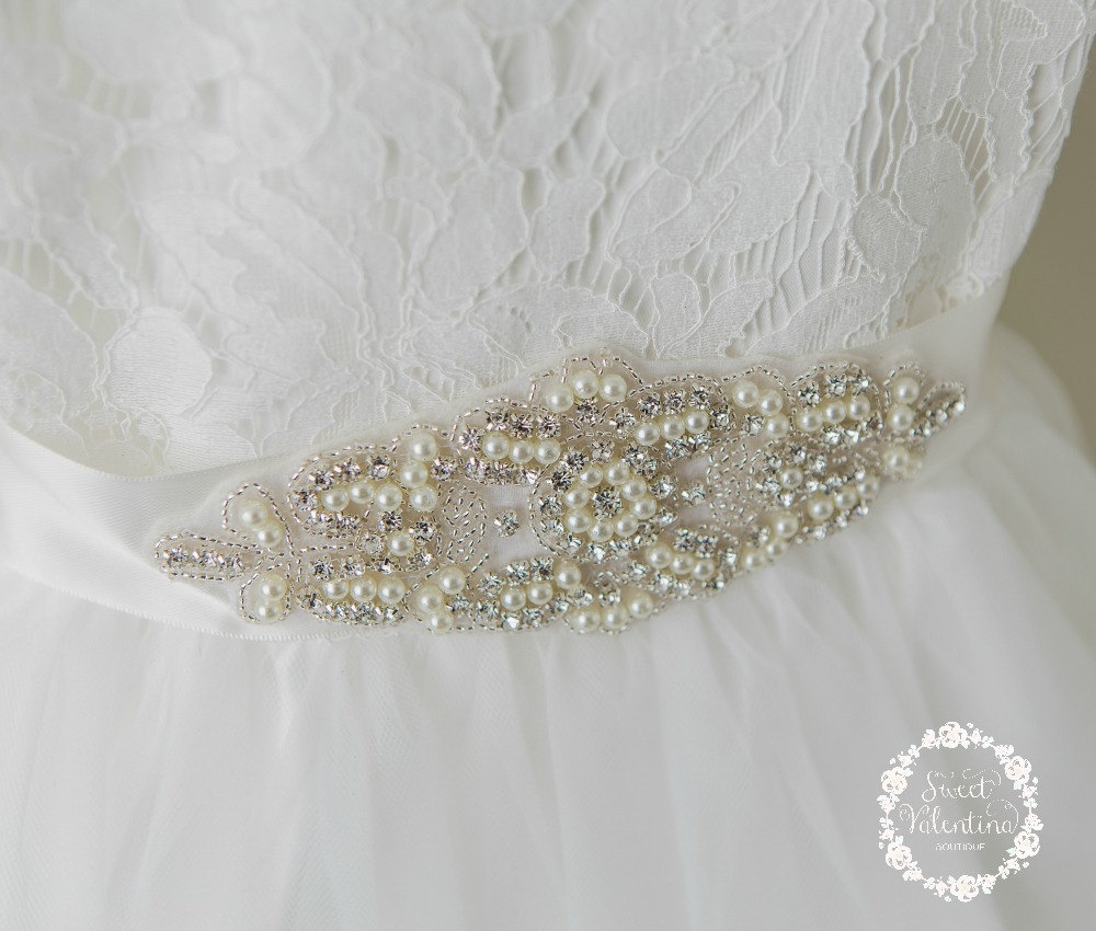 Rhinestone Sash, Wedding Bridal Belt, Crystal Rhinestone Peral Sash Flower Girls White