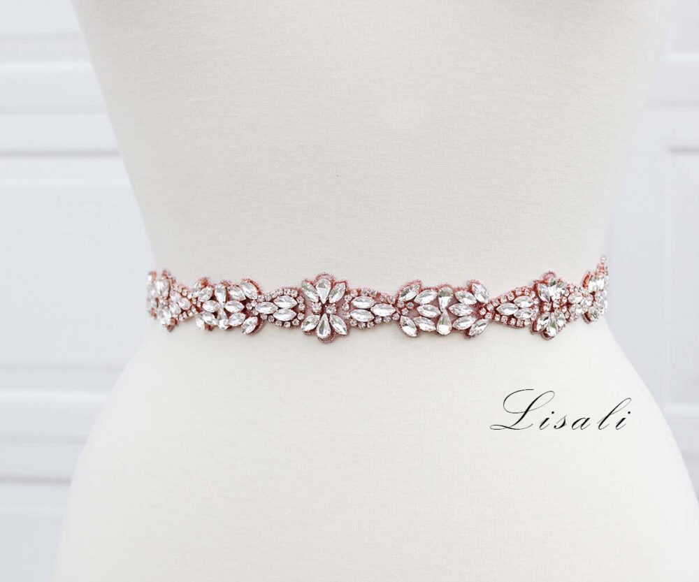 Lisali Thin Wedding Belt Rose Gold, Bridal Sash, Rhinestone Belt, Dress, Crystal Clasp