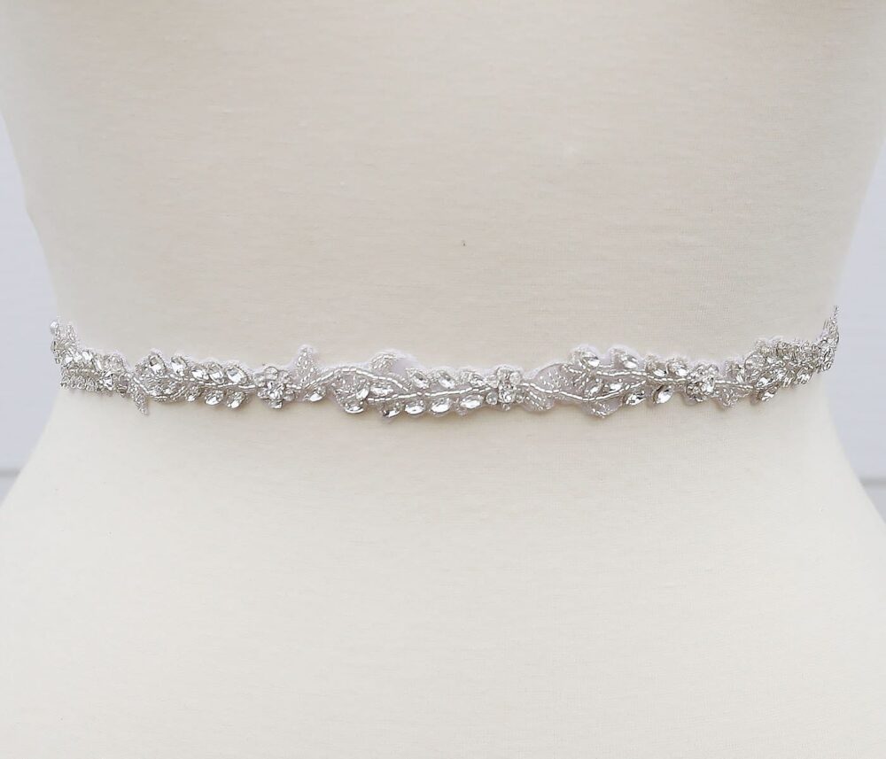 Lisali Thin Wedding Belt Floral, Rhinestone Leaves, Bridal Sash Crystal Bridesmaid Belt, Dress
