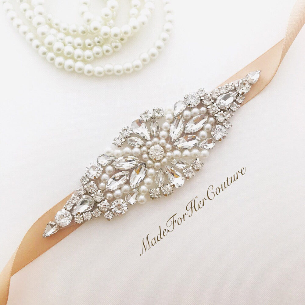 Crystal Pearl Wedding Belt Champagne Bridal Dress Sash