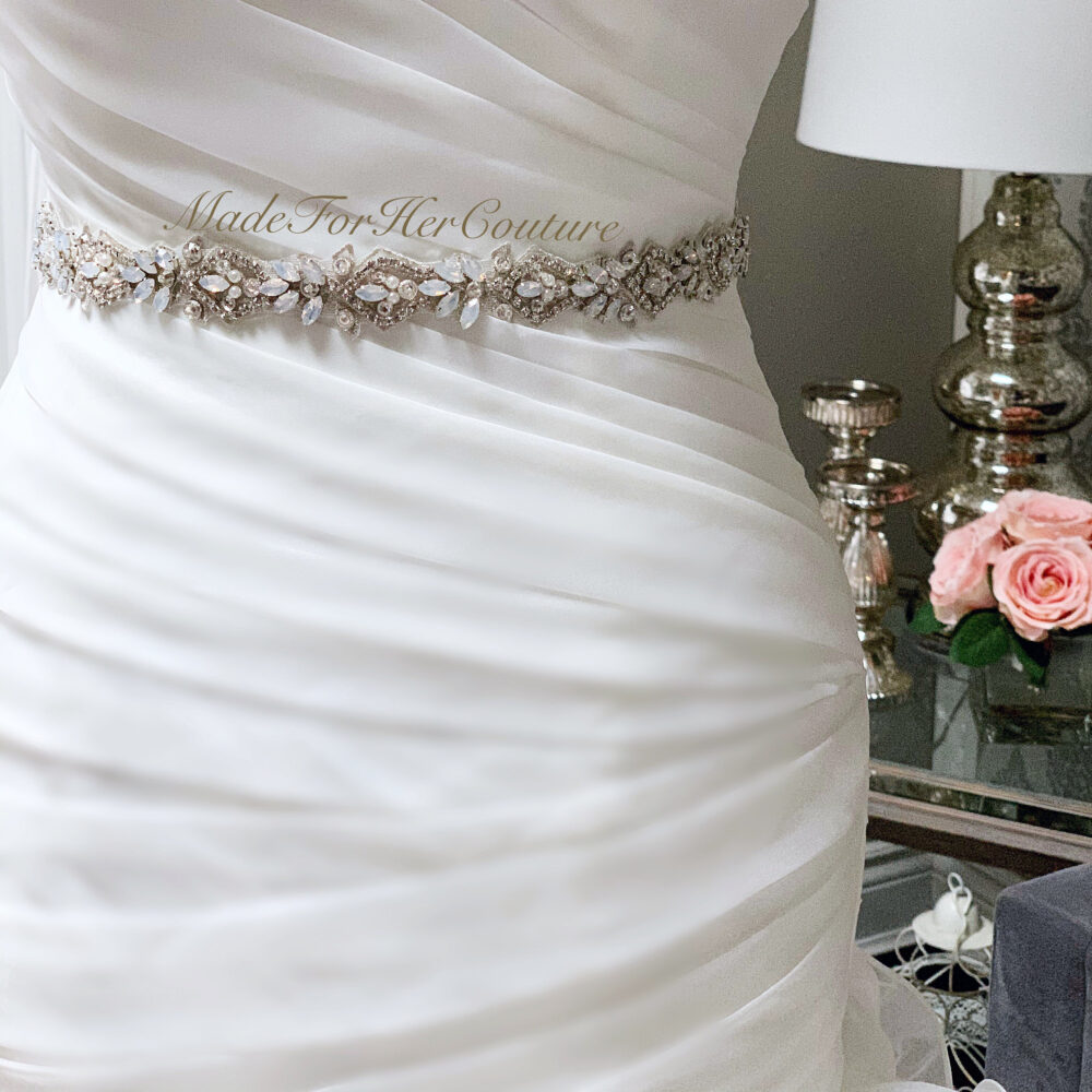 Opal Wedding Dress Belt Silver Rhinestone Bridal Sash