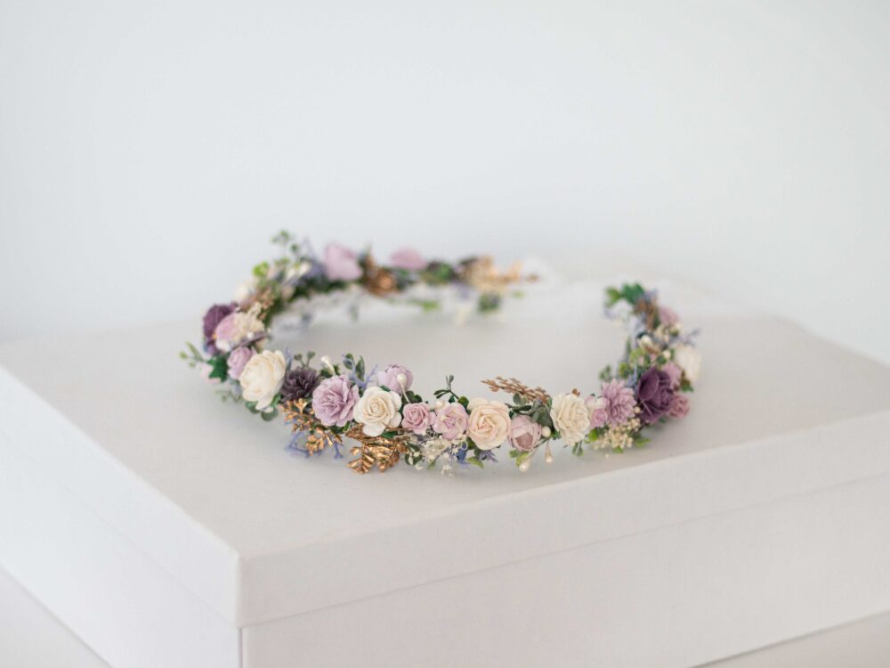 Lavender Floral Crown Boho Wedding Headband, Adjustable Flower Girl Halo