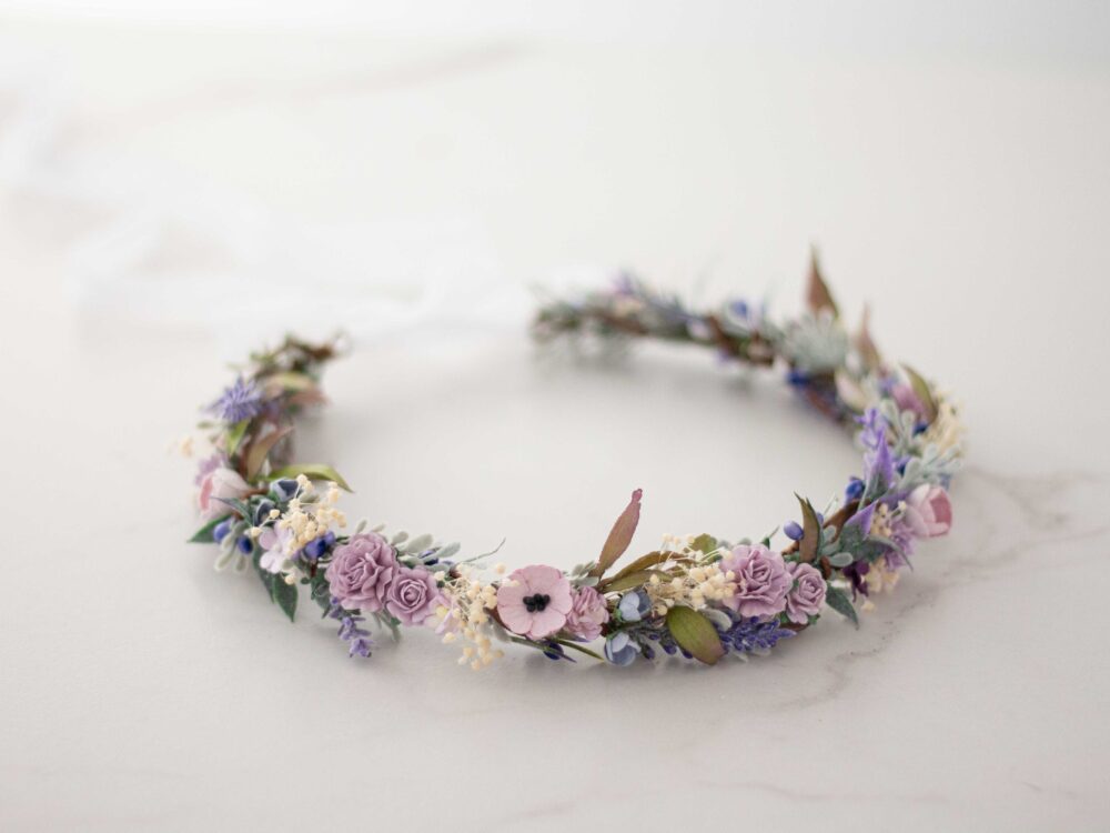 Lavender Floral Crown Lilac Wedding Headband, Boho Flower Girl Halo