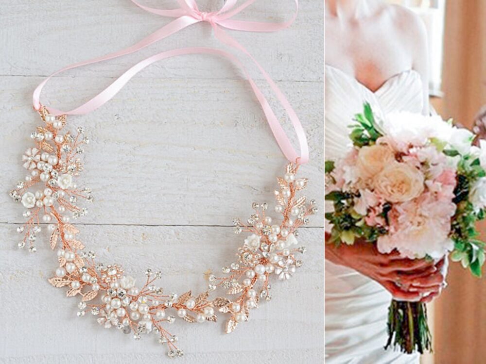 Rose Gold Bridal Hair Vine, Boho Wedding Headband, Crystal Flower Leaf Accessories, Pearl Cluster Jewelry, Grecian Halo, Natalia