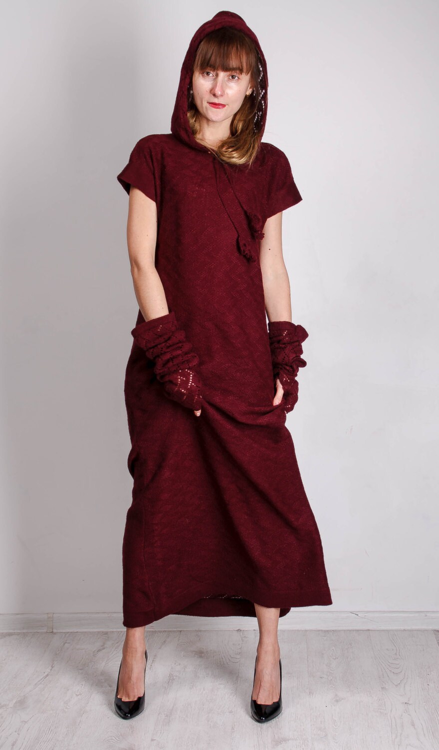 Crochet Bordeaux Dress Knit Marsala Maxi Dress Crochet Women Red Wine Crochet Lacy Hoodie Biggin Knit