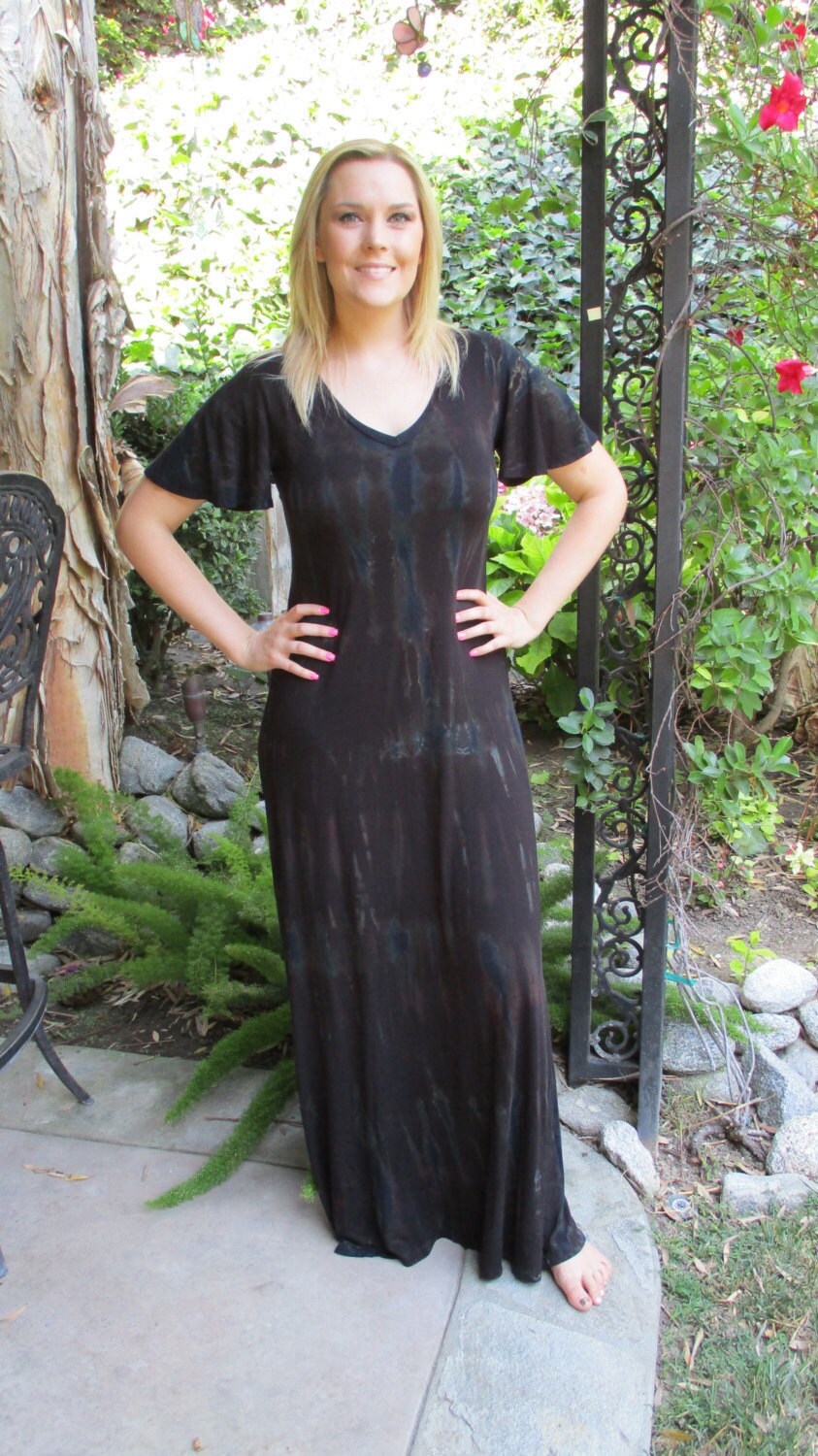 Maxi Dress, Boho Hippie Long Tie Dye Maxi, Black Marble Color, S M L V Neck, Loose Sleeve
