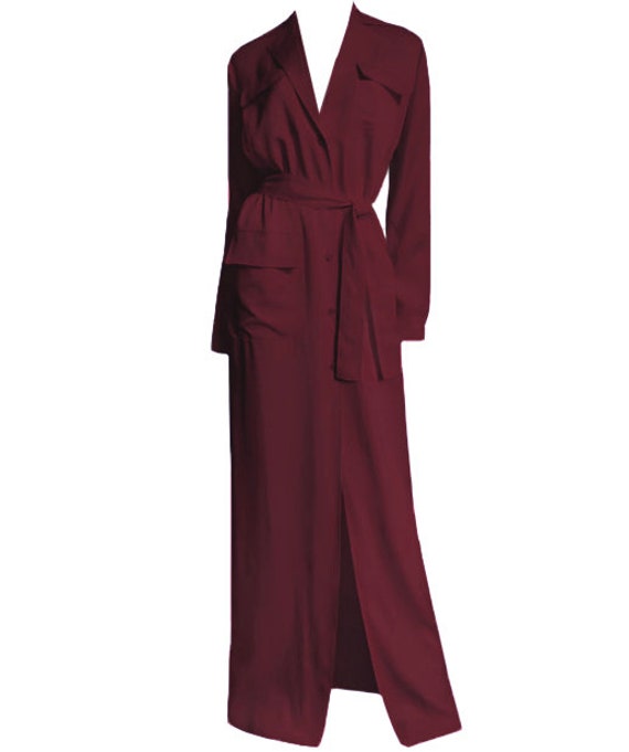 Long Sleeve Dark Red Modest Maxi Dress/Button Down Womens Organic Cotton Wrap With Sleeves For Women Burgundy