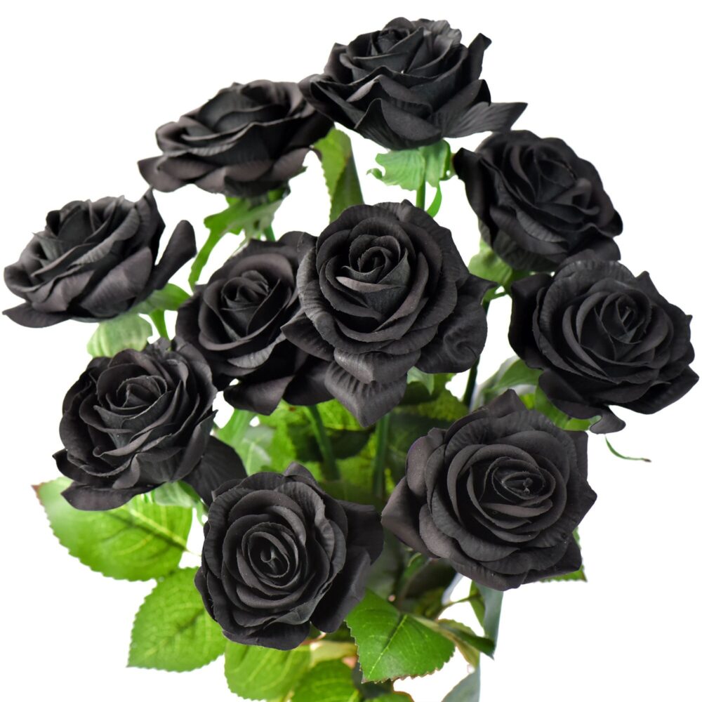 Black Real Touch Roses Silk Artificial Flowers "Petals Feel & Look Like Fresh Roses' 10 Stems - Fiveseasonstuff Floral
