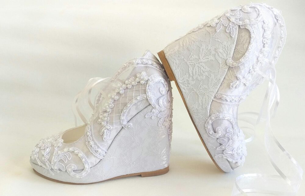 White Lace Wedding Wedges For Bride, Pearl & Sequin Embellished Bridal