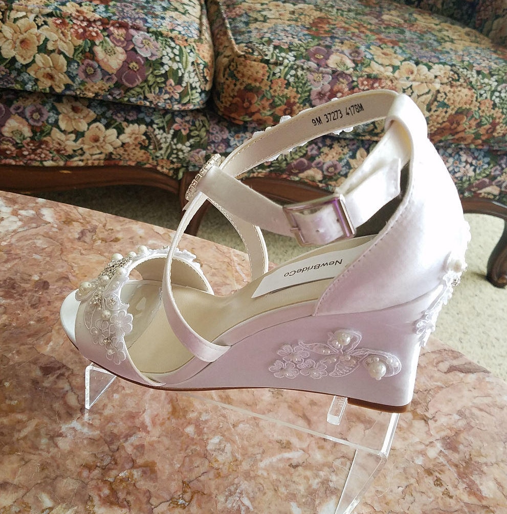 Size 9 White Lace Wedding Wedge Shoes Criss Crossed Straps, Bridal High Shoes White, Embellished White Lace Appliqués, Ready To Ship
