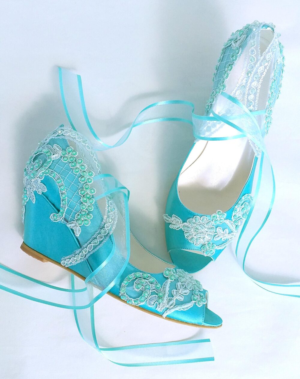 Mint Beach Wedding Wedges, Lace Bridal Shoes