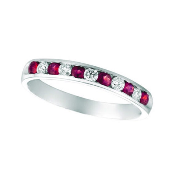 0.55 Carat Natural Diamond & Ruby Ring Band 14K White Gold
