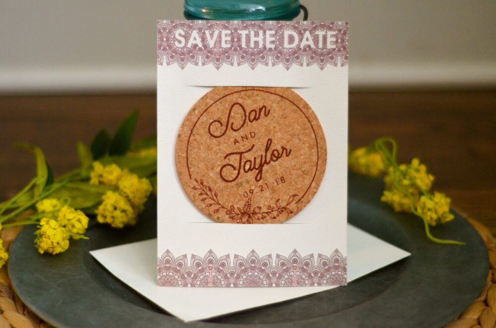 Burgundy Rustic Lace Design Cork Coaster Save The Date // Unique