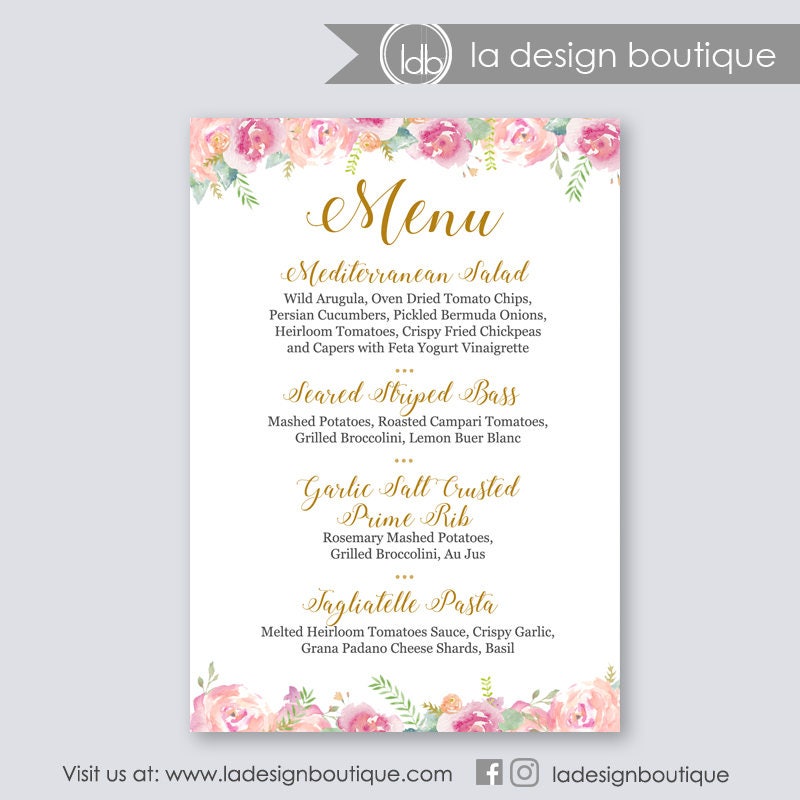Wedding Menu, Menu Cards, Printable, Sign, Watercolor Floral Card, Printable Cards