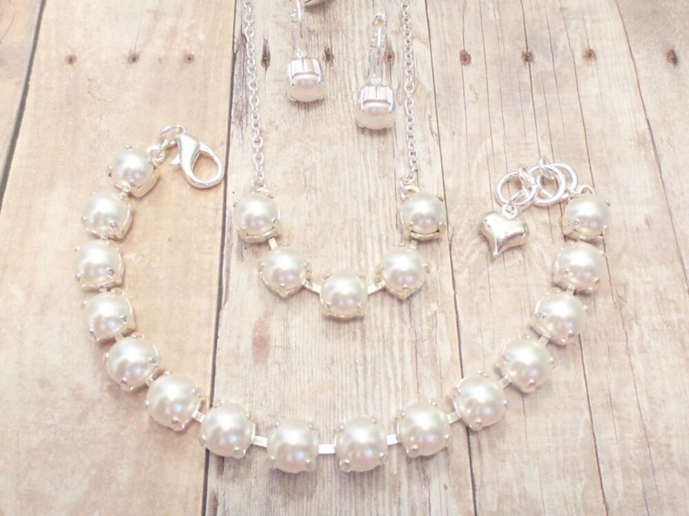 Fine Crystal Bridal Pearl Set, Lever Back Earrings, Bracelet, Necklace Dksjewelrydesigns