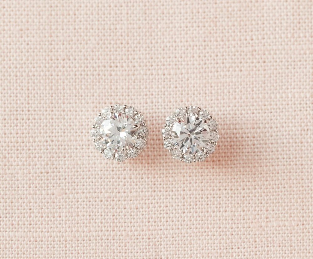 Round Crystal Stud Earrings Bridal Wedding Bridesmaids, Small & Dainty, Silver, Rose Gold Or Gold, Halo