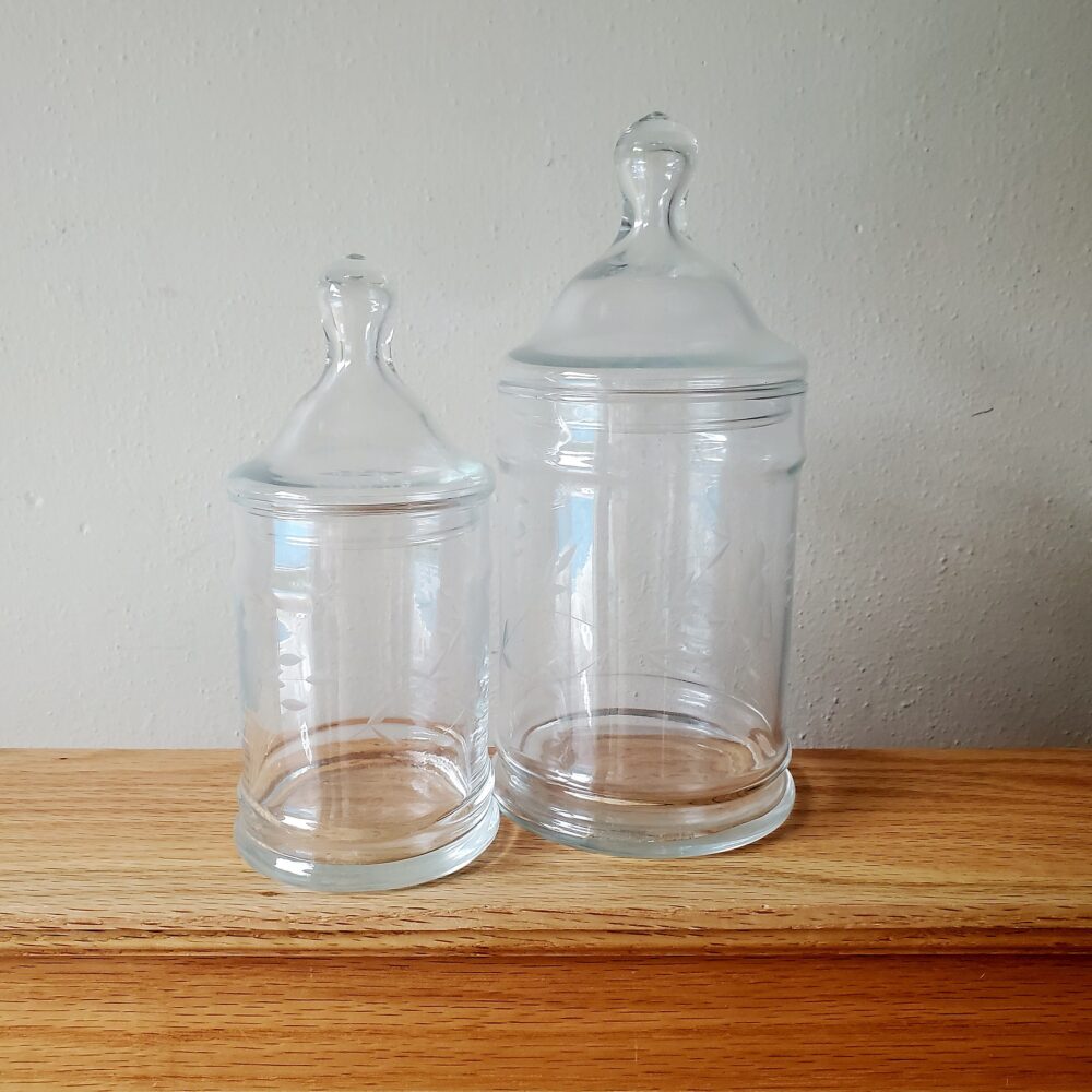Vintage Etched Glass Apothecary Jars With Lids - Set Of 2