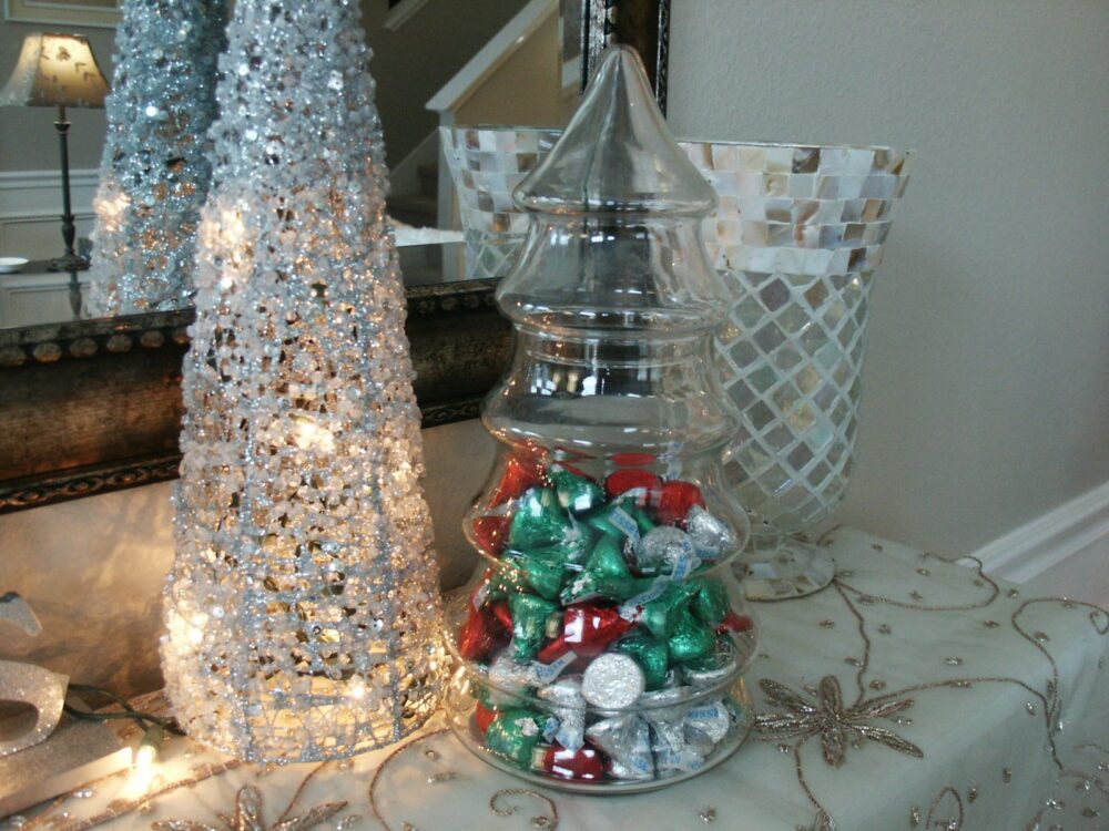 Vintage Christmas Tree Glass Apothecary Jar Holiday Candy Dish & Ornament Display
