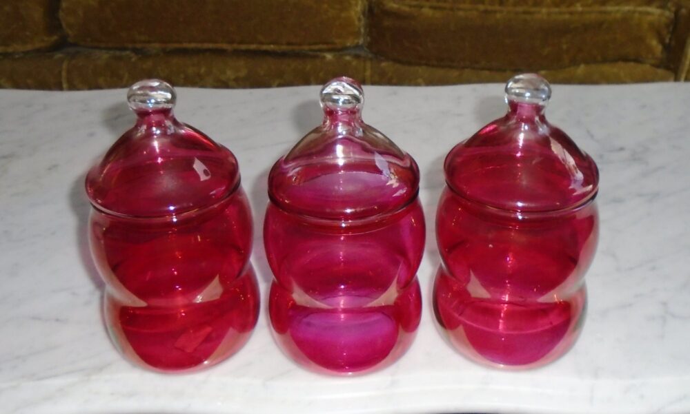 Imperial Cranberry Glass Apothecary Jars W Lids Set Of 3 Vintage