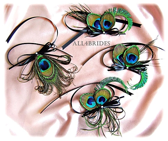 Peacock Wedding Decorations, Four Peacock Feather Embellishments For Your Wedding Cake Set & Champagne Toasting Flutes