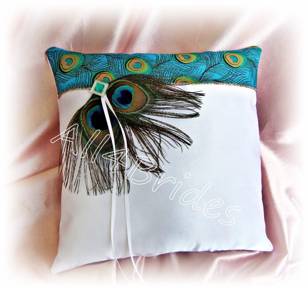 Peacock Wedding Ring Pillow, Turquoise Peacock Feather Bearer Pillow