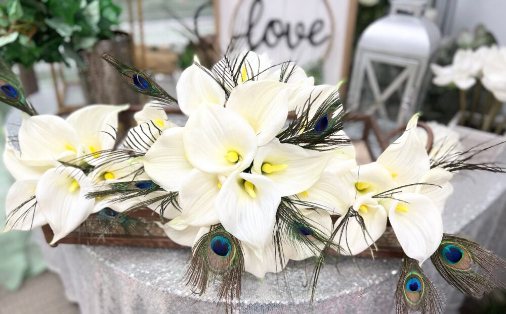 Build Wedding Package-Real Touch Calla Lily Peacock Feather-Bouquet Boutonniere Corsage