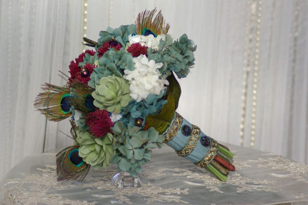 Large Peacock Feather Wedding Bouquet Preserved Roses, Aqua Teal Hydrangea