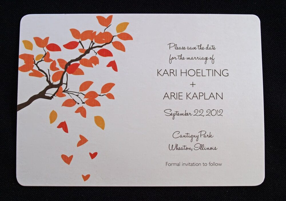 Wedding Save The Date Card - Tree Hearts & Falling Autumn Leaves Invitation Rustic