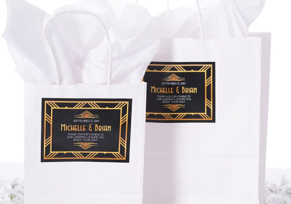 Custom Wedding Favor Bags, Welcome Bags, 1920S Theme, Art Deco Stickers, Black & Gold Gift #wdib-115