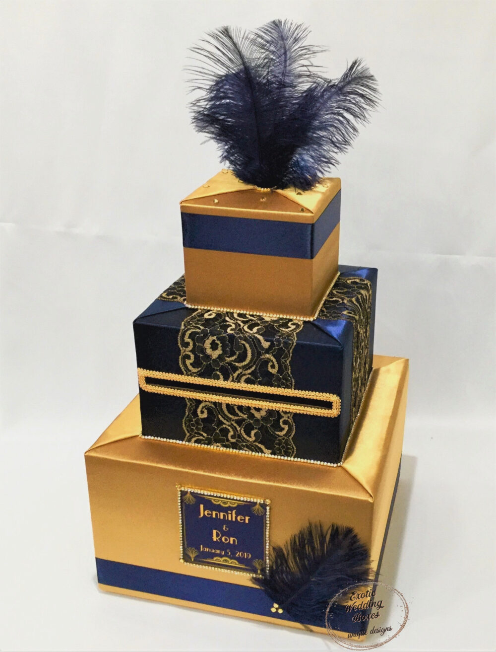 Roaring 20S, Great Gatsby Theme Wedding Card Box - Gold & Navy Blue