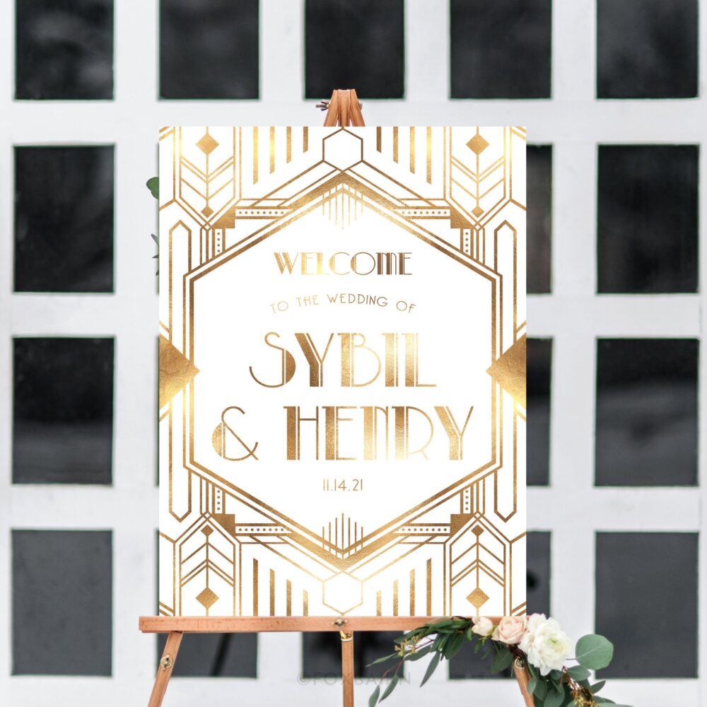 1920's Gatsby Glam Wedding Welcome Sign, Personalized Gold & White Poster, Art Deco Theme Printable Reception Decor